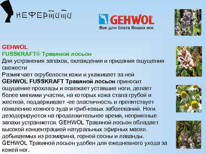 GEHWOL FUSSКRАFT® Травяной лосьон Для устранения запахов, охлаждения и придания ощущения свежести Размягчает огрубелости
