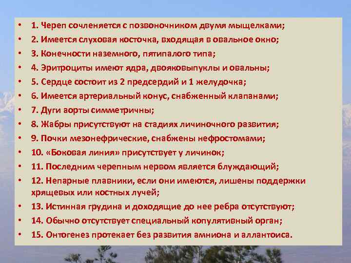 1. Череп сочленяется с позвоночником двумя мыщелками; 2. Имеется слуховая косточка, входящая в овальное