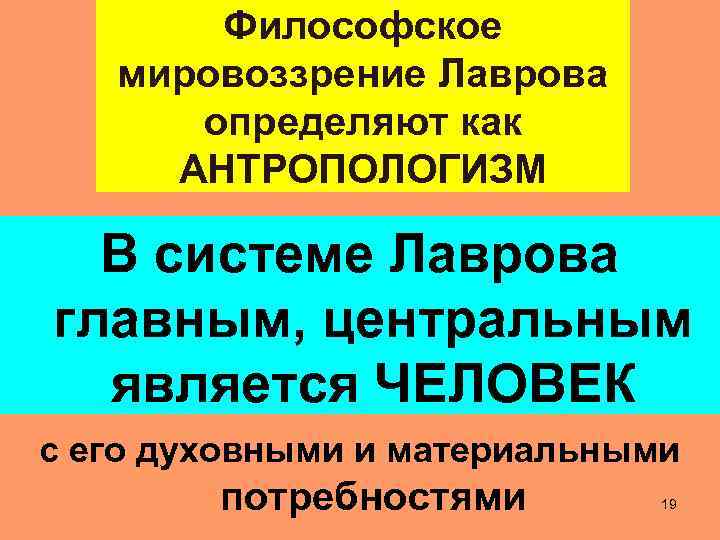 Философское мировоззрение Лаврова определяют как АНТРОПОЛОГИЗМ В системе Лаврова главным, центральным является ЧЕЛОВЕК с