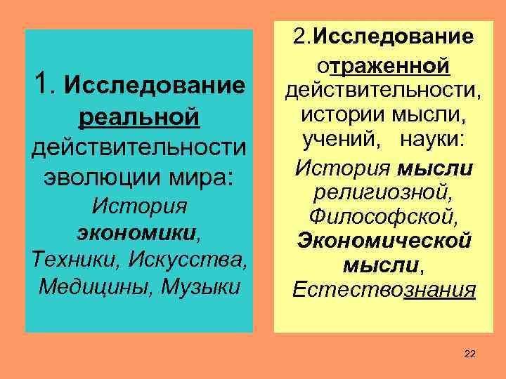 1. Исследование реальной действительности эволюции мира: История экономики, Техники, Искусства, Медицины, Музыки 2. Исследование
