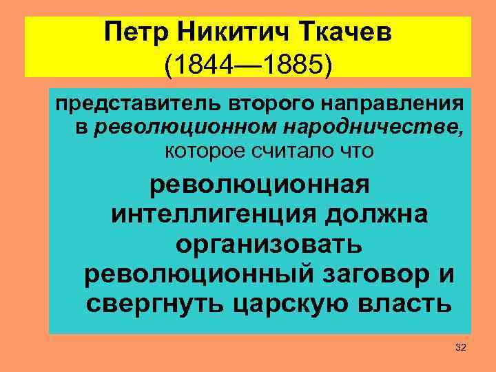 Петр Никитич Ткачев (1844— 1885) представитель второго направления в революционном народничестве, которое считало что