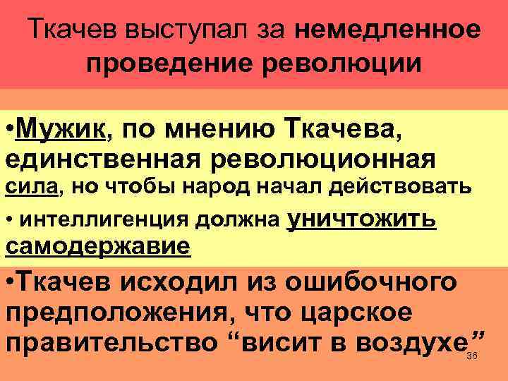 Ткачев выступал за немедленное проведение революции • Мужик, по мнению Ткачева, единственная революционная сила,