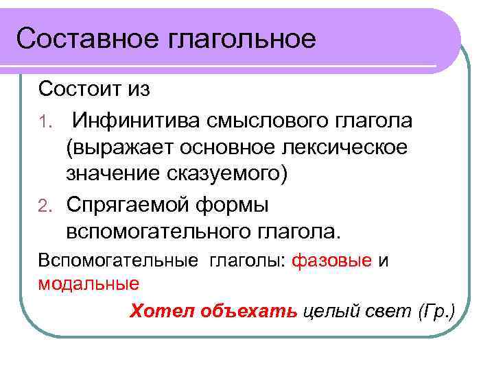 Составное глагольное Состоит из 1. Инфинитива смыслового глагола (выражает основное лексическое значение сказуемого) 2.