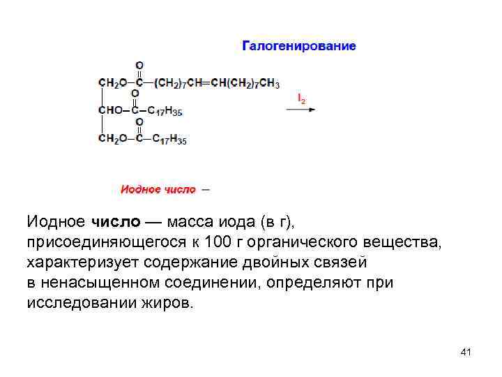 Иодное число — масса иода (в г), присоединяющегося к 100 г органического вещества, характеризует