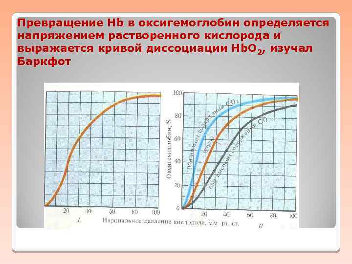 Превращение Hb в оксигемоглобин определяется напряжением растворенного кислорода и выражается кривой диссоциации Hb. О