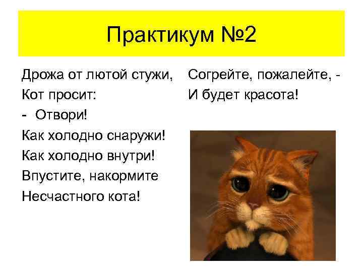 Практикум № 2 Дрожа от лютой стужи, Кот просит: - Отвори! Как холодно снаружи!