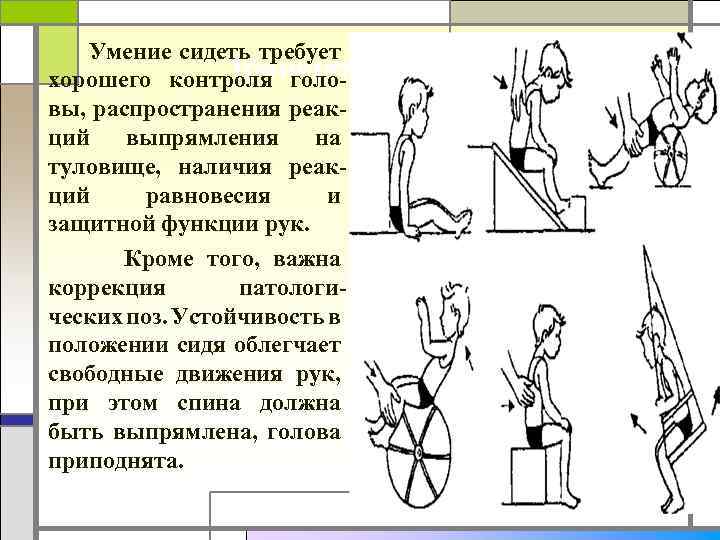 Умение сидеть требует Тренировка сидения хорошего контроля головы, распространения реакций выпрямления на туловище, наличия