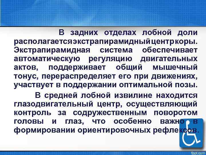 В задних отделах лобной доли располагается экстрапирамидный центр коры. Экстрапирамидная система обеспечивает автоматическую регуляцию