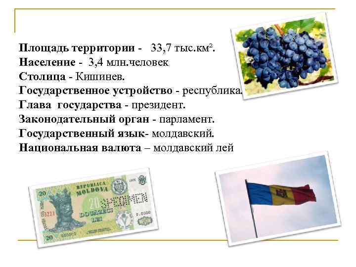 Площадь территории - 33, 7 тыс. км². Население - 3, 4 млн. человек Столица