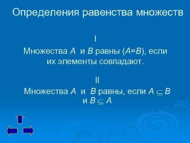 Определения равенства множеств I Множества А и В равны (А=В), если их элементы совпадают.