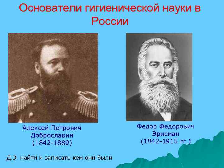 Основатели гигиенической науки в России Алексей Петрович Доброславин (1842 -1889) Д. З. найти и