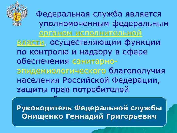 Федеральная служба является уполномоченным федеральным органом исполнительной власти, осуществляющим функции по контролю и надзору