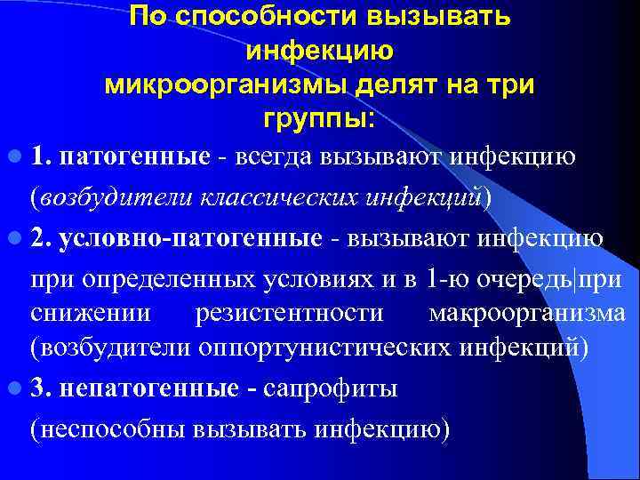 По способности вызывать инфекцию микроорганизмы делят на три группы: l 1. патогенные - всегда