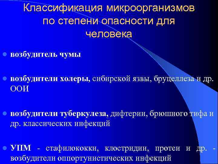 Классификация микроорганизмов по степени опасности для человека l возбудитель чумы l возбудители холеры, сибирской