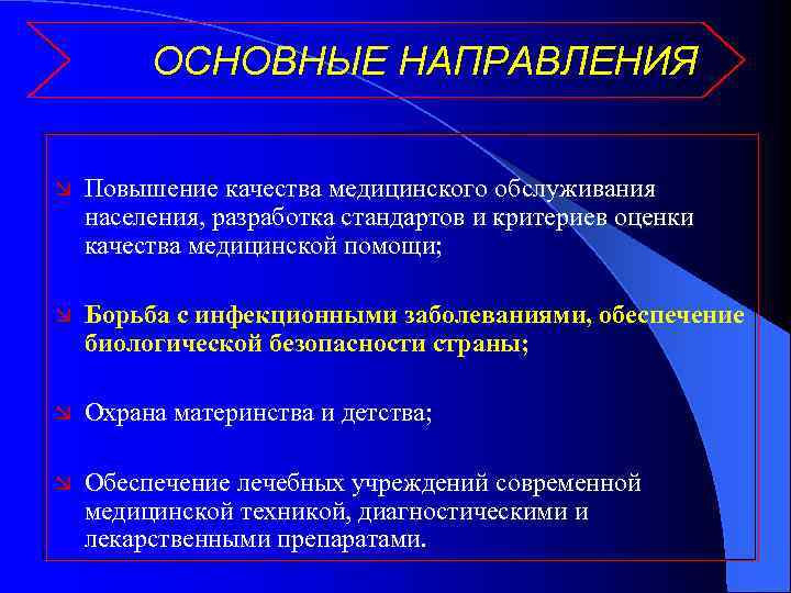 ОСНОВНЫЕ НАПРАВЛЕНИЯ æ Повышение качества медицинского обслуживания населения, разработка стандартов и критериев оценки качества