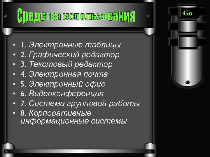 Go • • 1. Электронные таблицы 2. Графический редактор 3. Текстовый редактор 4. Электронная
