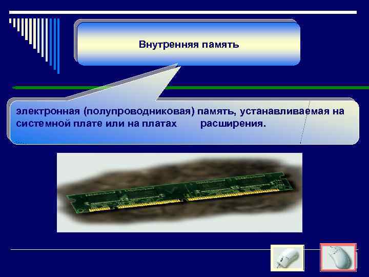 Внутренняя память электронная (полупроводниковая) память, устанавливаемая на системной плате или на платах расширения. 