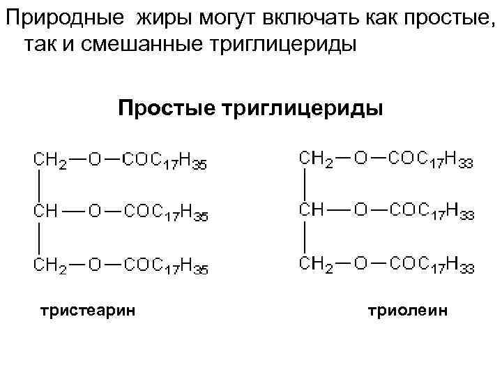 Природные жиры могут включать как простые, так и смешанные триглицериды Простые триглицериды тристеарин триолеин