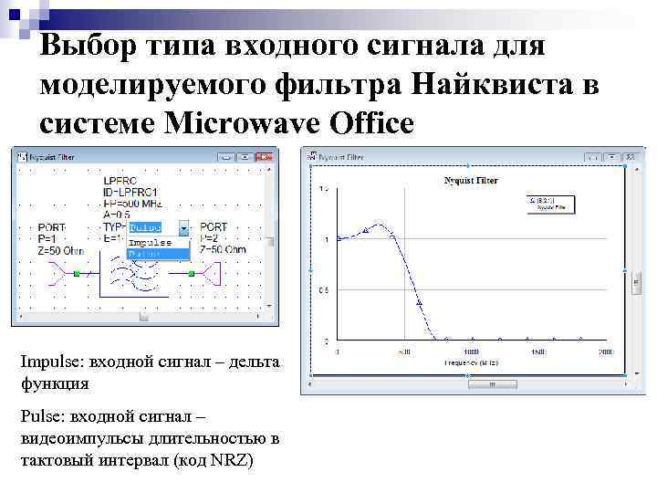 Выбор типа входного сигнала для моделируемого фильтра Найквиста в системе Microwave Office Impulse: входной