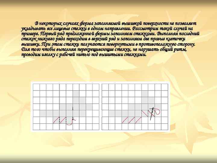 В некоторых случаях форма заполняемой вышивкой поверхности не позволяет укладывать все лицевые стежки в