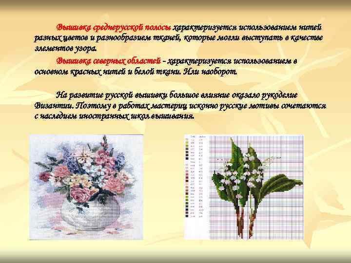 Вышивка среднерусской полосы характеризуется использованием нитей разных цветов и разнообразием тканей, которые могли выступать