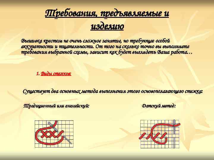 Требования, предъявляемые и изделию Вышивка крестом не очень сложное занятие, но требующее особой аккуратности