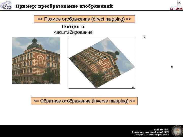 19 Пример: преобразование изображений CG Math => Прямое отображение (direct mapping) => Поворот и