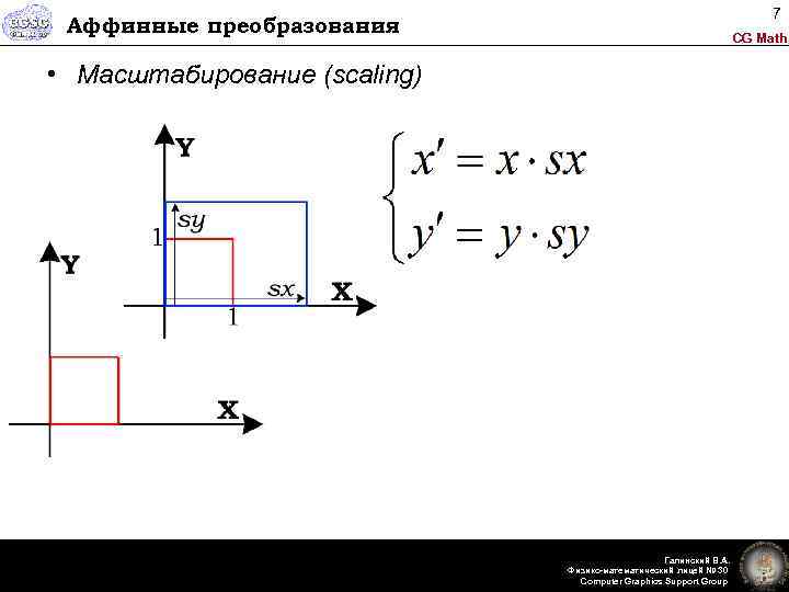 7 Аффинные преобразования CG Math • Масштабирование (scaling) Галинский В. А. Физико-математический лицей №