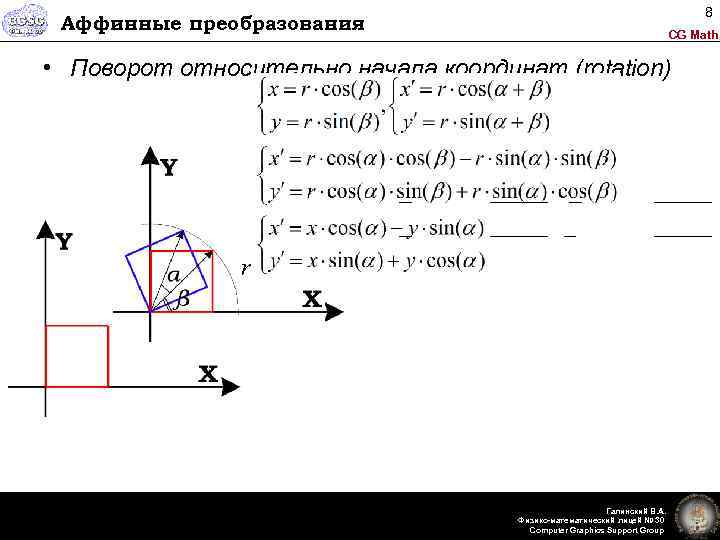 8 Аффинные преобразования CG Math • Поворот относительно начала координат (rotation) r Галинский В.