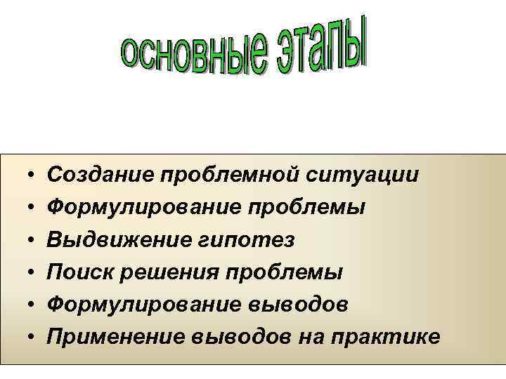  • • • Создание проблемной ситуации Формулирование проблемы Выдвижение гипотез Поиск решения проблемы