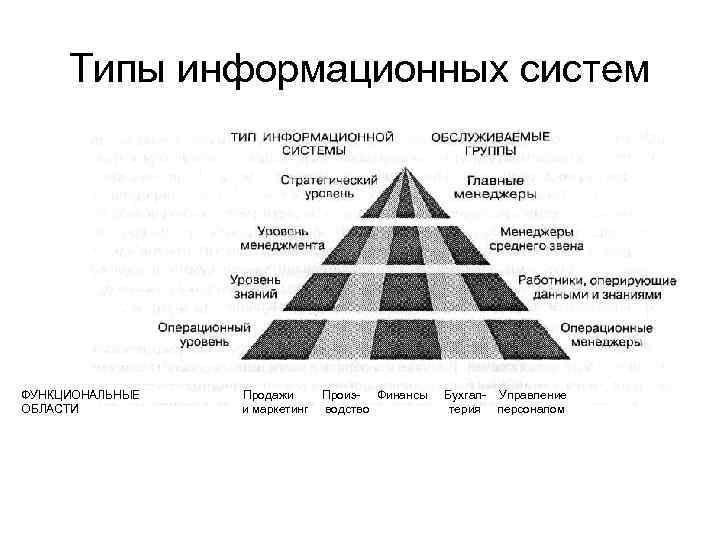 Типы информационных систем ФУНКЦИОНАЛЬНЫЕ ОБЛАСТИ Продажи и маркетинг Произ Финансы водство Бухгал Управление терия