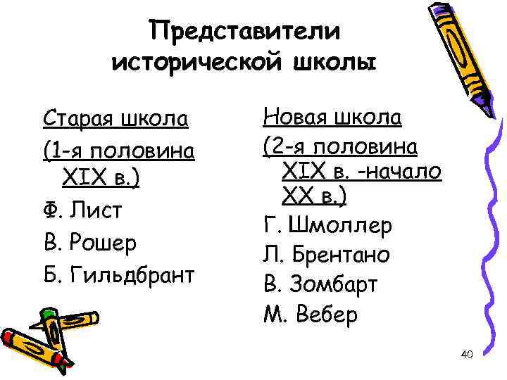 Представители исторической школы Старая школа (1 -я половина XIX в. ) Ф. Лист В.