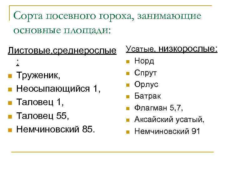 Сорта посевного гороха, занимающие основные площади: Листовые, среднерослые : n Труженик, n Неосыпающийся 1,