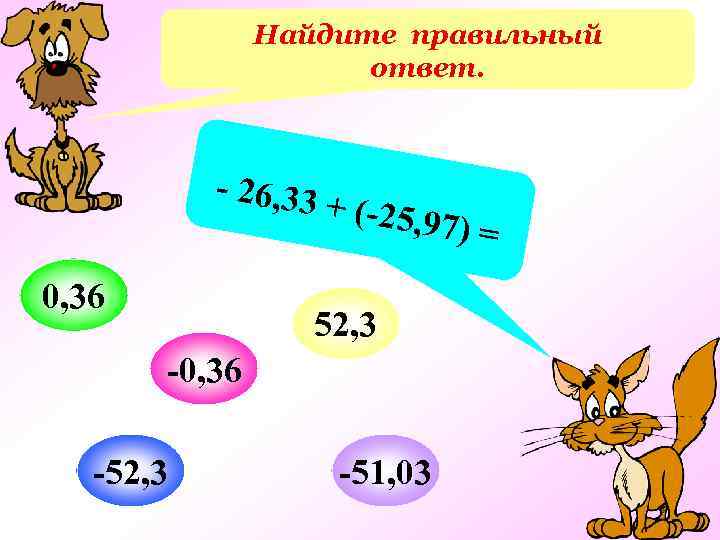 Найдите правильный ответ. - 26, 33 0, 36 + (-25, 9 7) = 52,