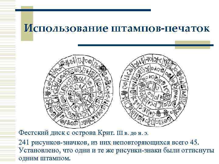 Использование штампов-печаток Фестский диск с острова Крит. III в. до н. э. 241 рисунков-значков,