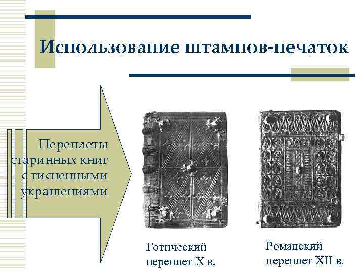 Использование штампов-печаток Переплеты старинных книг с тисненными украшениями Готический переплет X в. Романский переплет
