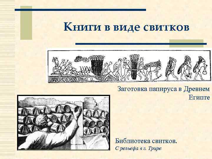 Книги в виде свитков Заготовка папируса в Древнем Египте Библиотека свитков. С рельефа в