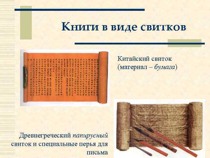 Книги в виде свитков Китайский свиток (материал – бумага) Древнегреческий папирусный свиток и специальные
