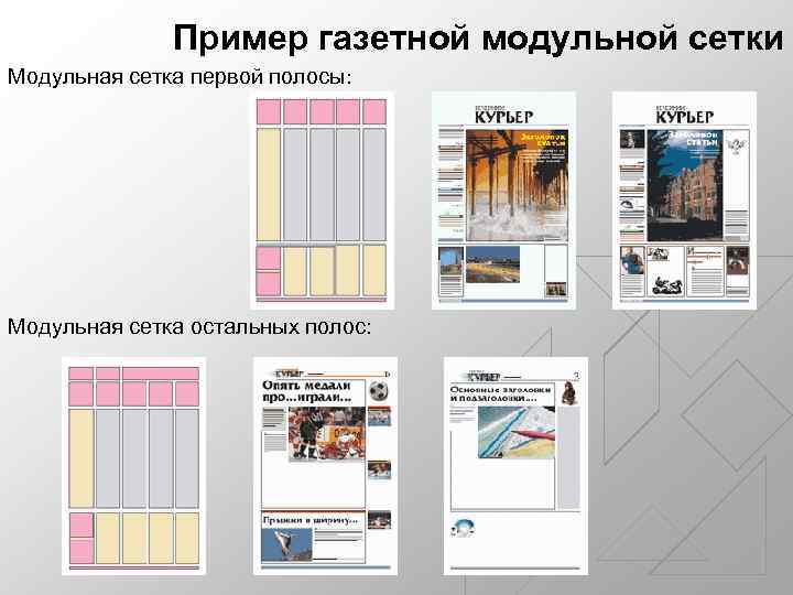 Пример газетной модульной сетки Модульная сетка первой полосы: Модульная сетка остальных полос: 