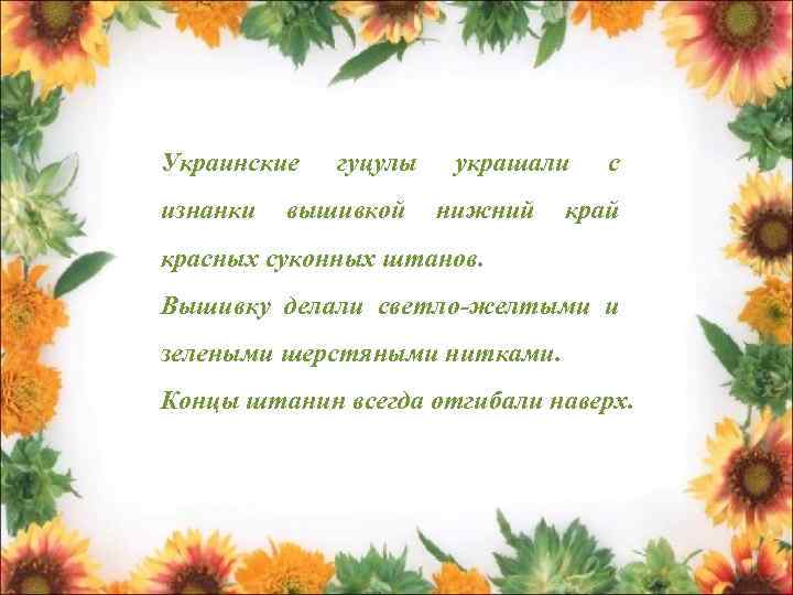 Украинские изнанки гуцулы вышивкой украшали нижний с край красных суконных штанов. Вышивку делали светло-желтыми