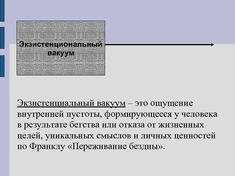 Экзистенциональный вакуум Экзистенциальный вакуум – это ощущение внутренней пустоты, формирующееся у человека в результате
