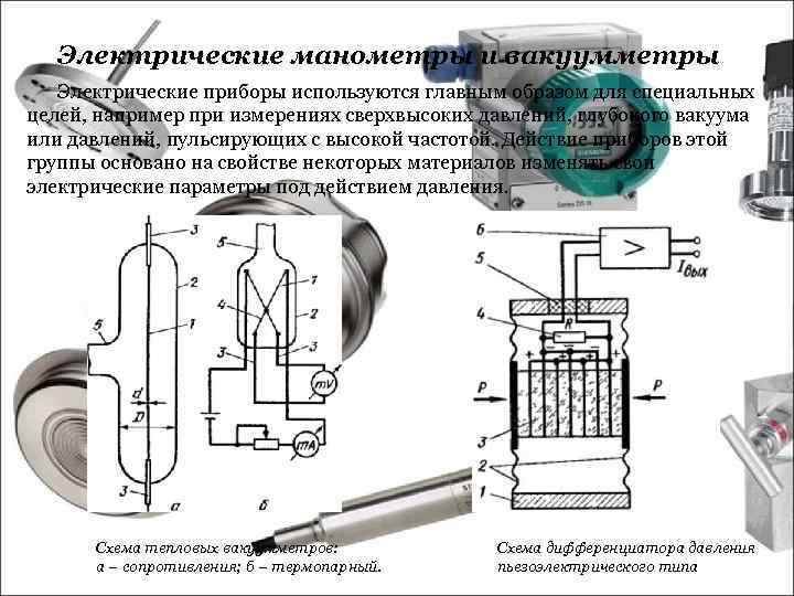 Электрические манометры и вакуумметры Электрические приборы используются главным образом для специальных целей, например при