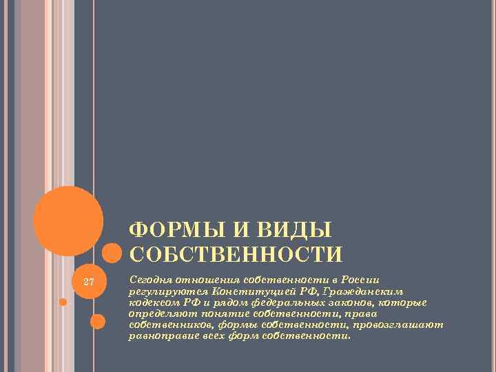 ФОРМЫ И ВИДЫ СОБСТВЕННОСТИ 27 Сегодня отношения собственности в России регулируются Конституцией РФ, Гражданским