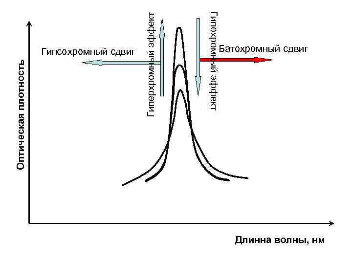 Гиперхромный эффект Оптическая плотность Гипохромный эффект Гипсохромный сдвиг Батохромный сдвиг Длинна волны, нм 