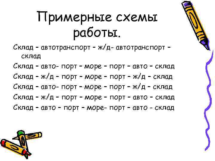 Примерные схемы работы. Склад – автотранспорт – ж/д- автотранспорт – склад Склад – авто-