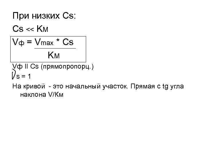 При низких Cs: Cs << KM Vф = Vmax * Cs KM Vф II