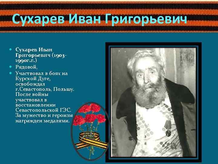 Сухарев Иван Григорьевич (19031990 г. г. ) Рядовой, Участвовал в боях на Курской Дуге,