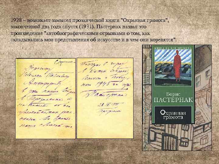 1928 – возникает замысел прозаической книги "Охранная грамота", законченной два года спустя (1931). Пастернак