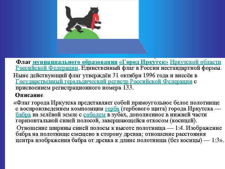  Флаг муниципального образования «Город Ирку тск» Иркутской области Российской Федерации. Единственный флаг в