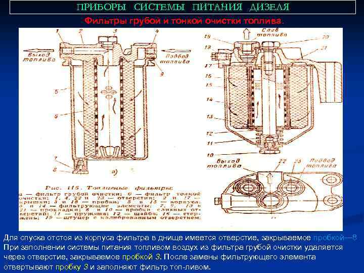 ПРИБОРЫ СИСТЕМЫ ПИТАНИЯ ДИЗЕЛЯ Фильтры грубой и тонкой очистки топлива. Для спуска отстоя из